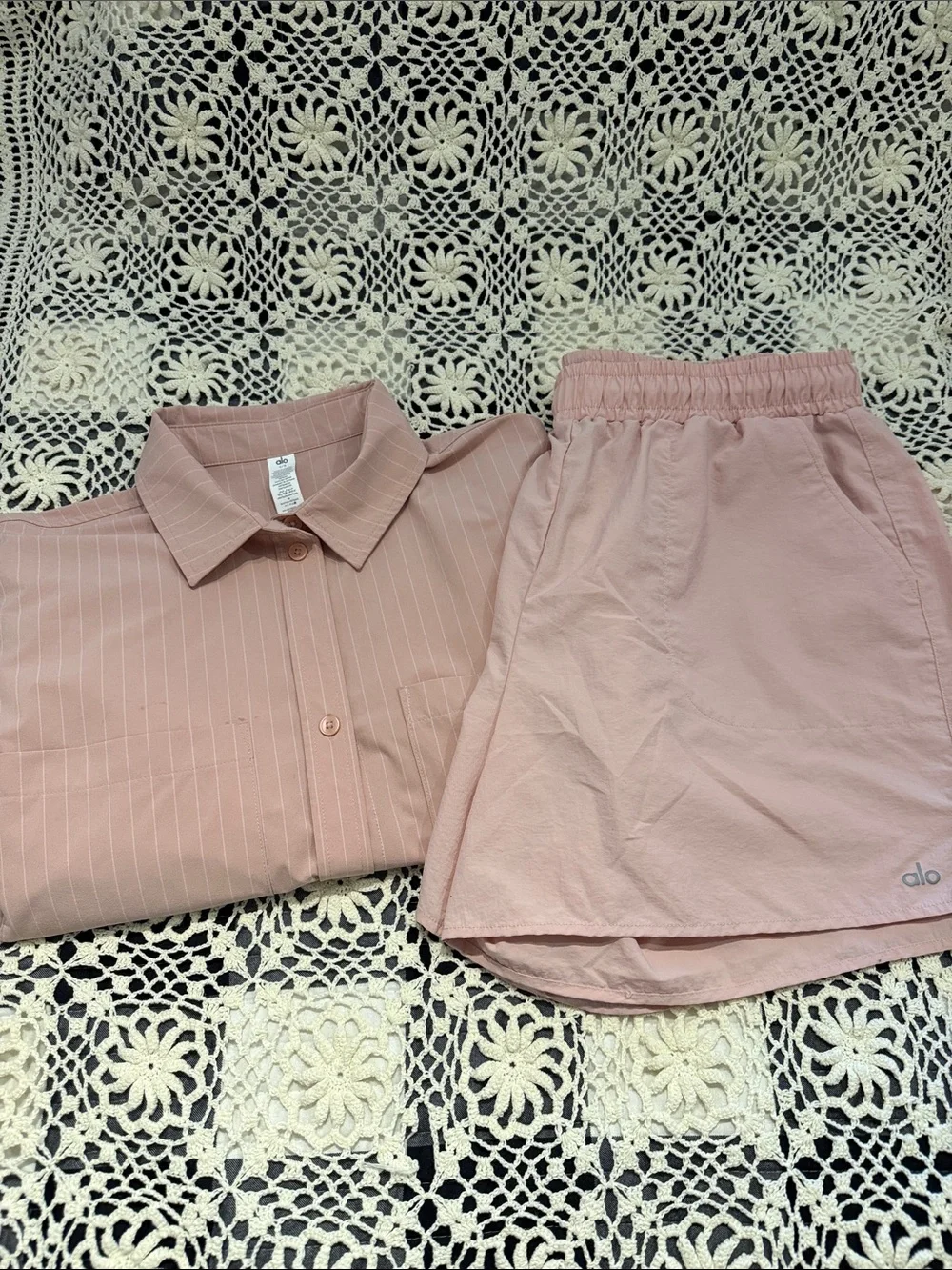 ALO Yoga Pinstripe Daylight Longsleeve Button Down & Short Set